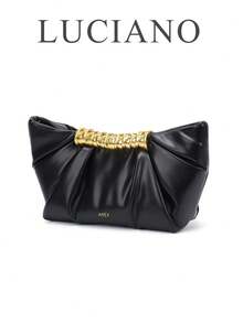 Women's Black Korean Vintage Minimalist Metal Design Handbag, French Pleated Metal Buckle Cloud Bag, Sweet Preppy Style Commute Casual Crossbody Shoulder Bag, Small Size, Suitable For Daily Commute, Shopping, School, Travel, PU Leather - Black - View 1