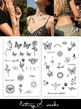 Juice Tattoo Made Of Natural Plant Ingredients, Semi Permanent Tattoo Stickers With Butterfly, Rose, LOVE Star And Moon Patterns, Temporary Fake Tattoos Suitable For Shoulders, Necks, Collarbones, Wrists, Ankles, DIY Daily Parties, Holiday Gifts, Body Decoration For 1-2 Weeks, Non Fading, Non Reflective, Waterproof, Realistic Tattoo Stickers,