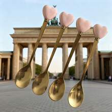14cm 4pcs Set Premium Luxury 410 Stainless Steel Spoon Set, Ceramic Heart Handle | Gold Plated | Perfect For Afternoon Tea & Desserts | Ideal For Cafes & Weddings | Elegant Afternoon Tea & Travel Cutlery, Cafe Supplies, Refined Tableware Decor, Decorative Spoons, Durable Flatware - Multicolor - View 10