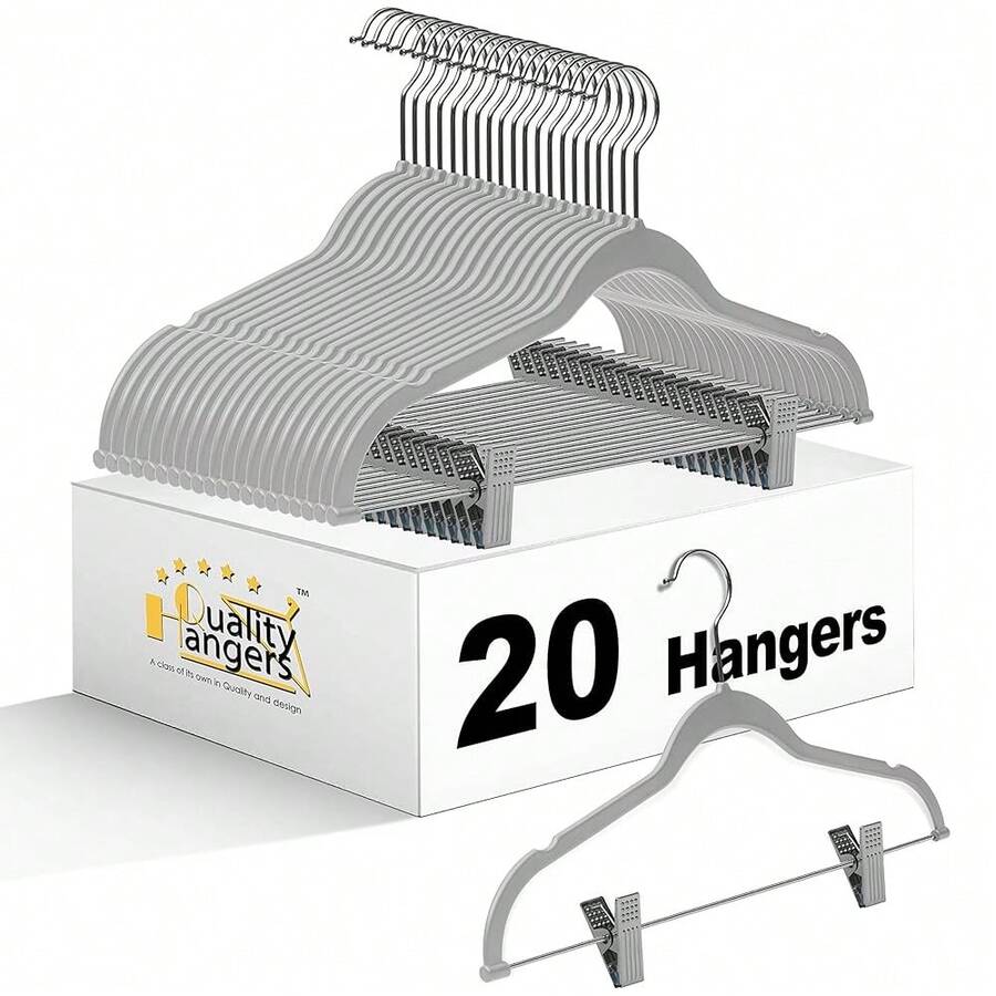 Quality Plastic 20-Pack Non Velvet Non-Flocked Thin Compact Coat Hangers With Metal Clips For Skirts Pants Blouses 360 Swivel Hook (Gray, 20),Gray - 灰色的 - 查看 1