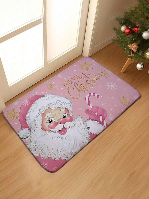 1PC Merry Christmas Kitchen Mat, Pink Santa Claus Holding Candy, Not A Doormat, Can Also Be Used As A Comfortable Standing Mat In The Bathroom Or Bedroom. Welcome Mat, Non-Slip Bottom, Suitable For Kitchen, Bathroom, Entrance, Bedside Decoration, Easy To Clean, Machine Washable, Suitable For Bedrooms, Living Rooms, Kitchens, Patios, Bathroom Entrances, Laundry Rooms, Christmas Party Decorations, Christmas Ornaments, Christmas Party Supplies.