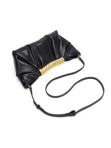 Women's Black Korean Vintage Minimalist Metal Design Handbag, French Pleated Metal Buckle Cloud Bag, Sweet Preppy Style Commute Casual Crossbody Shoulder Bag, Small Size, Suitable For Daily Commute, Shopping, School, Travel, PU Leather - Black - View 6