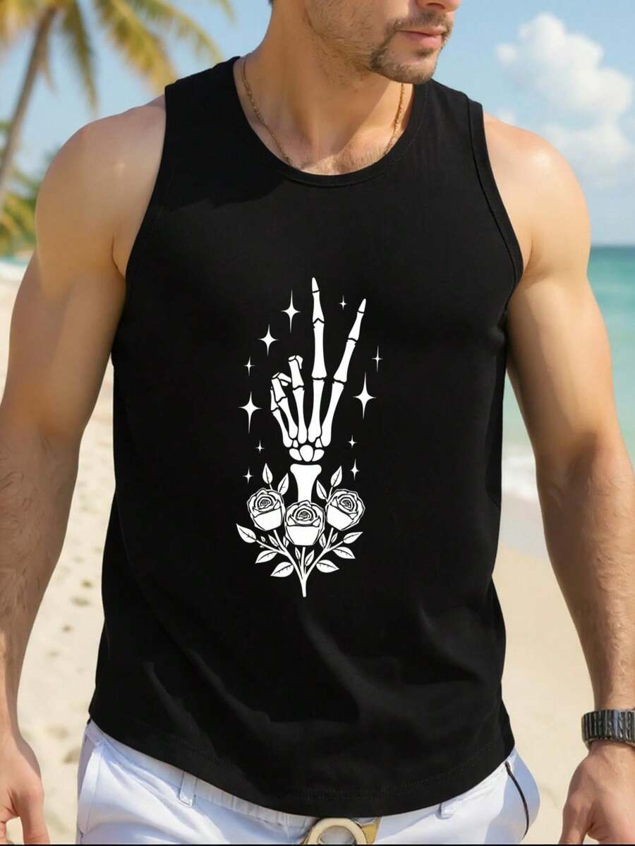 Men's Gothic Skeleton Hand & Roses Print Sleeveless Tank Top - 100% Cotton Regular Fit Black Shirt With White Graphic, Round Neck Muscle Shirt For Halloween, Beachwear & Casual Summer Outfits - Machine Washable Smooth Texture Men's Fashion Apparel - 黑色 - 查看 1