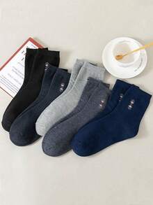 5 双男士经典纯色印花柔软透气舒适休闲商务正装中筒袜，适合秋季日常穿着 - 彩色 - 查看 2