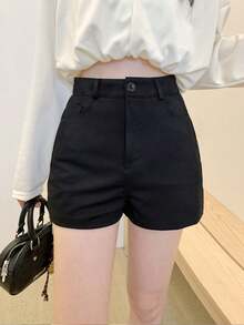 女士修身高腰弹力下摆开衩短裤，休闲黑色夏季款 - 黑色 - 查看 2