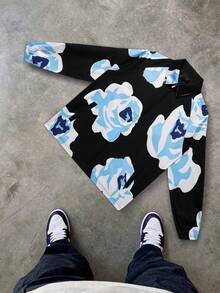 男士轻便休闲印花夹克，花卉图案外套，复古风，时尚大衣，长袖，翻领拉链设计，四季皆宜，街头摇滚风格，适合春秋季穿着 - 黑色 - 查看 9