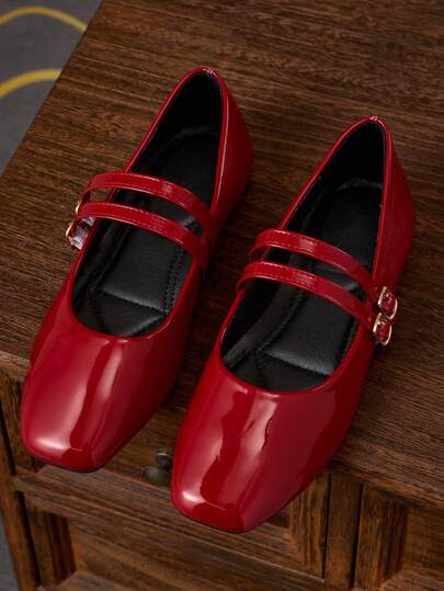 Zapatos de mujer de punta cuadrada con escote bajo en color rojo, adecuados para Año Nuevo, boda, ir al trabajo, citas, fiestas, Navidad. Bailarinas versátiles y elegantes para todas las estaciones, para uso en exteriores en primavera/verano con doble correa.