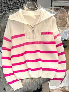 Autumn/Winter New Zipper Women Striped Knit Sweater, Fashion Minimalist Pullover, Versatile - Màu Hoa hồng đỏ - Xem 3