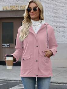 Áo khoác nữ có mũ ấm áp, thoải mái - Màu trơn, chi tiết cúc cài, tay dài, thích hợp cho mùa thu/đông. - Hồng - Xem 5