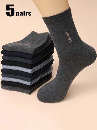 5 Pairs Assorted Men's Classic Solid & Printed Soft Breathable Comfortable Casual Business Dress Mid-Calf Socks, Suitable For Daily Wear, Fall