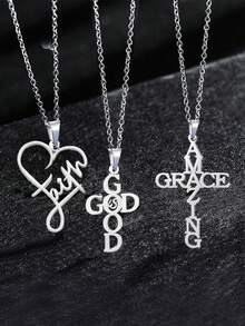 [Faith Cross Necklace] 3pcs Stainless Steel Faith Word "Faith" Letter Heart Amazing Grace Faith Cross Church Prayer Religious Pendant Necklace Set