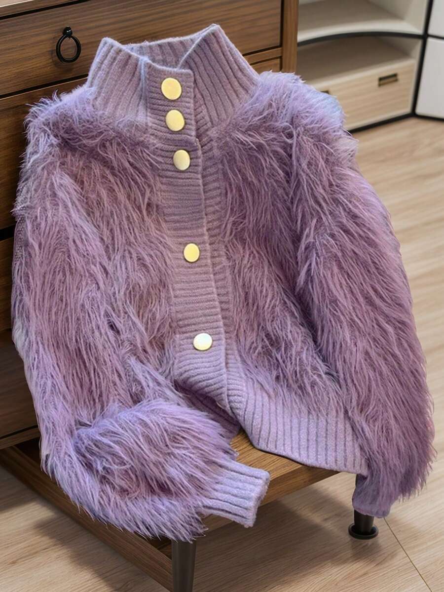 JIANHU Korean Style Fuzzy Knit Cardigan – Fall Winter Soft Faux Fur Sweater With Scalloped Trim And Pearl-Like Buttons, Cozy High Neck Jacket For Daily Looks - Purple - View 1