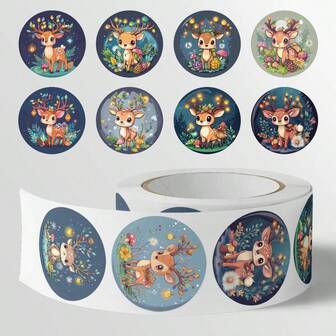 500 st/rulle klistermärken med hjortmönster, storlek: 2,5 cm/1,0 tum, rund form, perfekt present till barn, kan användas för bokdekoration, förseglingsetiketter, presentdekoration och andra produktdekorationer