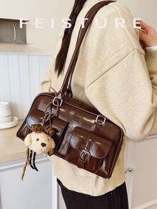 1个纯色PU多口袋保龄球包，女士单肩/腋下包，带吊坠，适合购物、约会、作为女士礼物，适合少女、大学生、初学者和白领，非常适合办公室、学校、工作、通勤等场合。 - 咖啡 - 查看 4