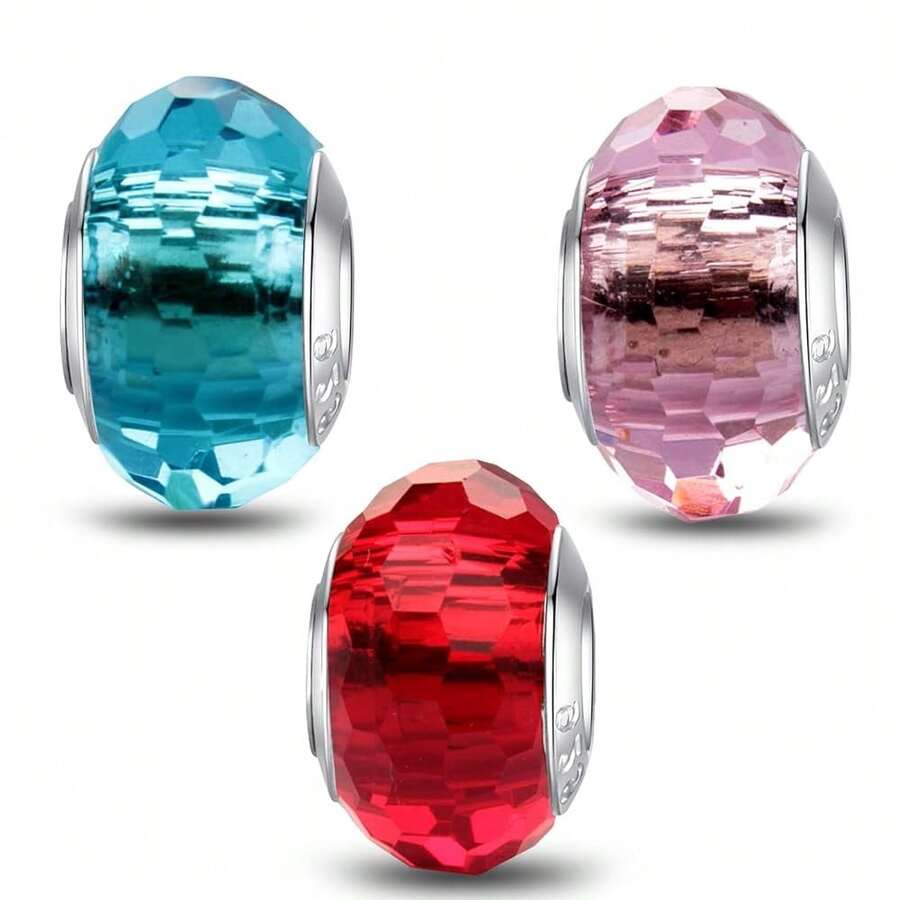 MICOO 925 Sterling Silver Charms For Bracelets,Fashion DIY Dangle Pendants Beads Simulated Birthstone Charms,Birthday Gifts For Women,3PaleBlueRedandPinkCharms - 3個淺藍色,紅色和粉紅色的吊墜 - 查看 1