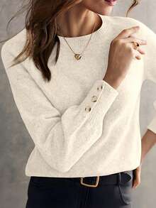 Acelitt Women's Camel Button Puff Sleeve Minimalist Crew Neck Knit Sweater, Autumn - Beige - View 1