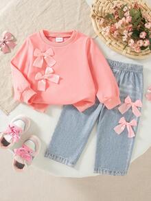 2pcs Baby Girls' Casual Solid Color Bow Decor Long Sleeve Top And Printed Faux Denim Pattern Pants Set, Spring/Autumn - Pink - View 1