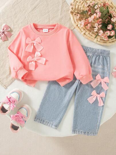 2pcs Baby Girls' Casual Solid Color Bow Decor Long Sleeve Top And Printed Faux Denim Pattern Pants Set, Spring/Autumn