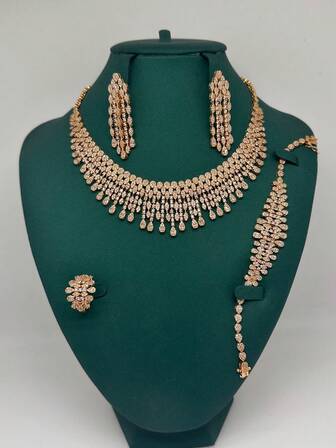 4件套奢华珍珠镶嵌黑白锆石首饰套装，新娘派对配饰礼品，适合中东迪拜、巴基斯坦、沙特阿拉伯等地。