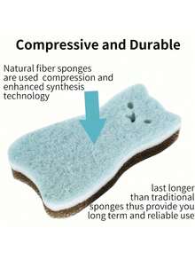 4块装重型厨房海绵，三层猫咪图案设计，多用途，天然纤维压缩合成材料，高效洗碗去污，商用清洁工具