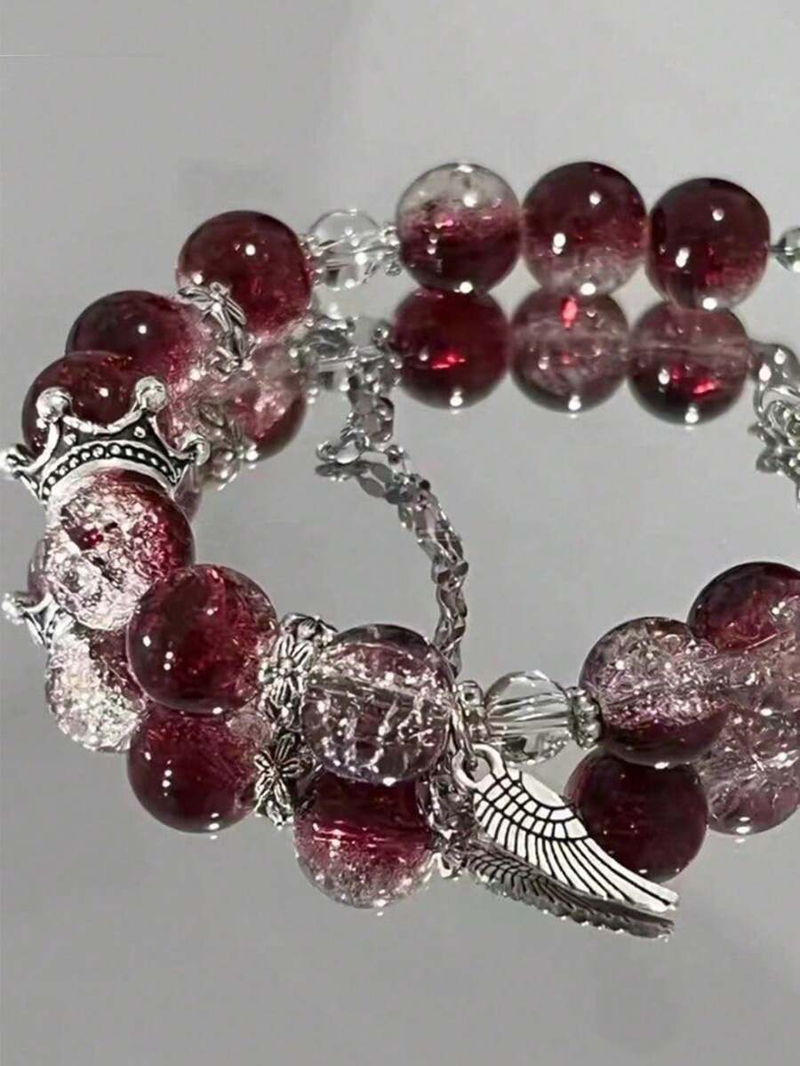 1件中国风深红色皇冠（皇冠款式随机！）羽毛暗黑哥特复古串珠手链（皇冠款式随机！） - 彩色 - 查看 1