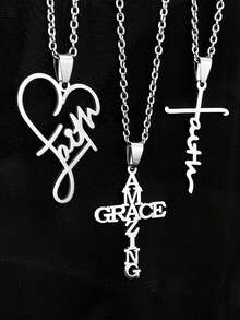 [Faith Cross Necklace] 3pcs Stainless Steel Faith Word "Faith" Letter Heart Amazing Grace Faith Cross Church Prayer Religious Pendant Necklace Set