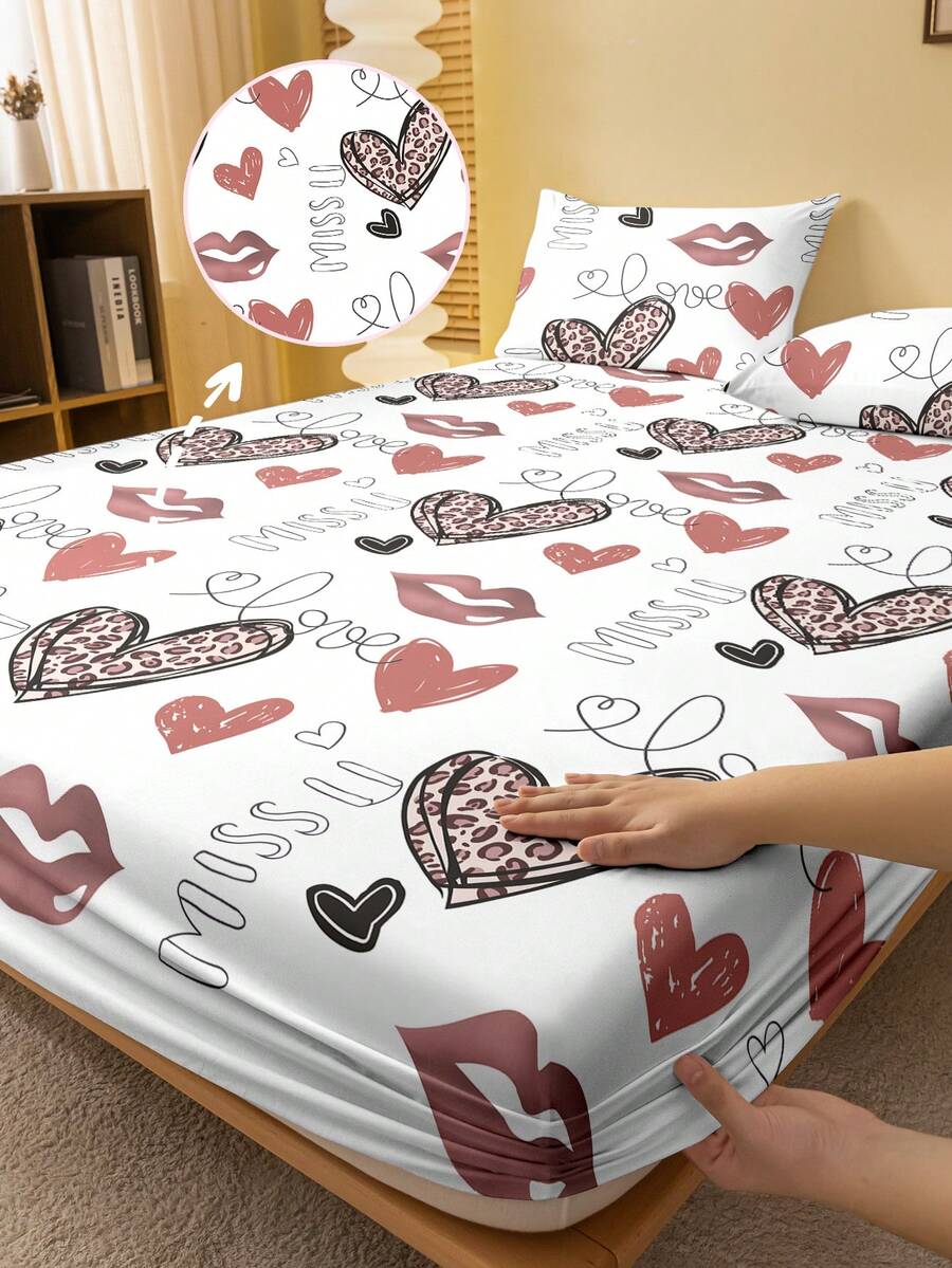 1 pièce Drap-housse imprimé géométrique minimaliste moderne avec motif cœur et lèvres, Housse de couette imprimée pour chambre à coucher (à l'exclusion des taies d'oreiller) - Multicolore - Voir 1