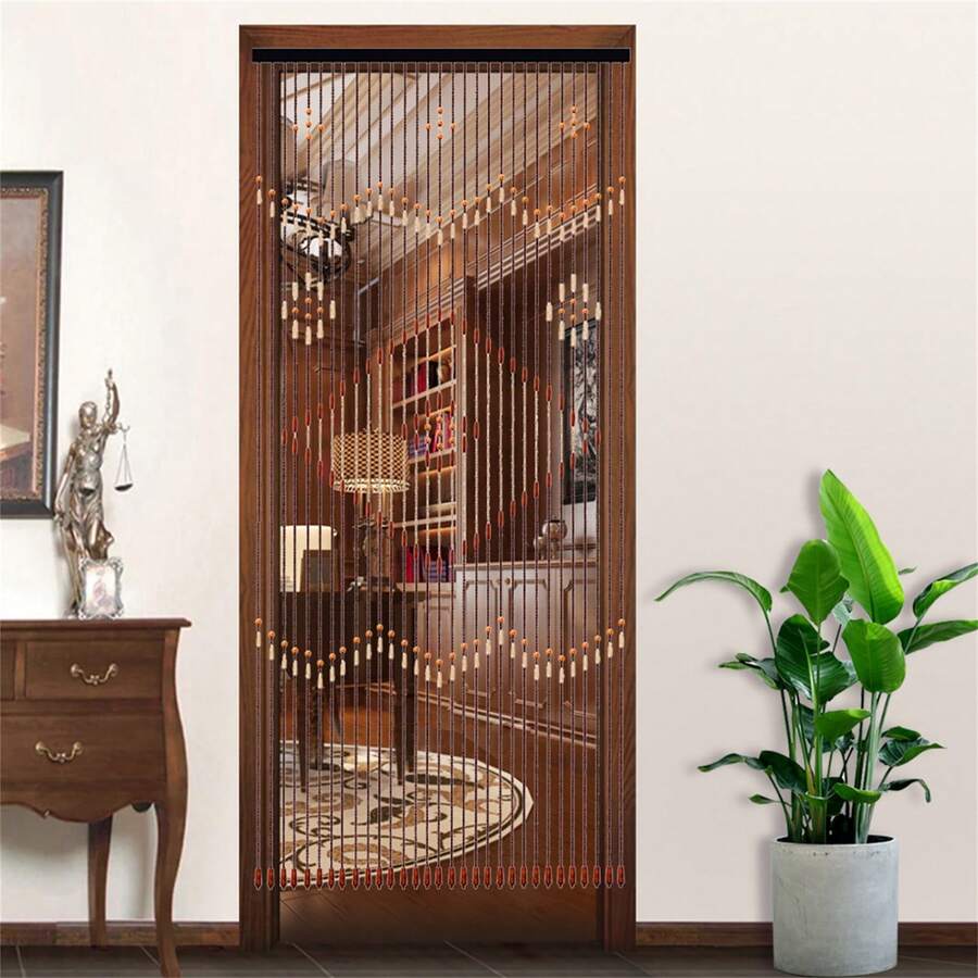 Natural Wooden Door Beaded Curtain, 81.88x35.43inch Doorway Beads Curtain, Chinese Style Front Door Decor Curtains, Brown Door Curtain Beads, Wooden Beaded Door Curtain With Geometric Pattern, Suitable For Various Doors, Home Decor Curtain - 深棕色 Dark Brown - 查看 1