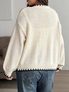 Plus Size Loose Fit Herringbone Color Block Button Knit Cardigan, Autumn/Winter - Apricot - View 2