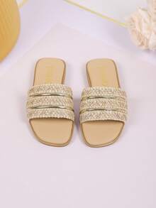 1 Pair Girls' Woven Metal Strap Strap Sandals - Cute Open Toe Children's Fashion Slippers For Everyday Wear And Vacation - Khaki - View 6