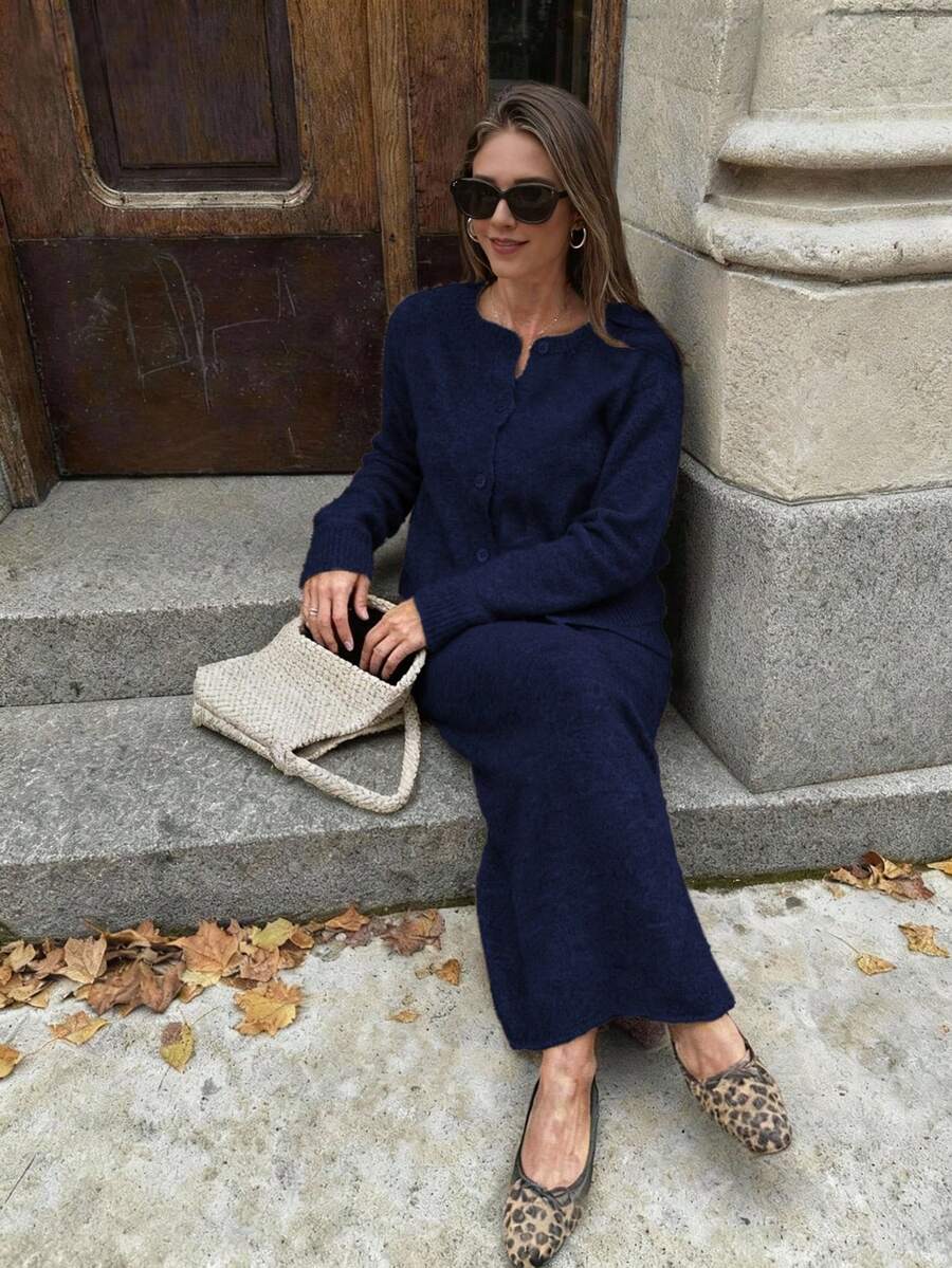 FOR BEAUTY 纯色针织两件套，女士新款休闲约会简约外套和半身裙套装，秋冬款 - 藏青 - 查看 1