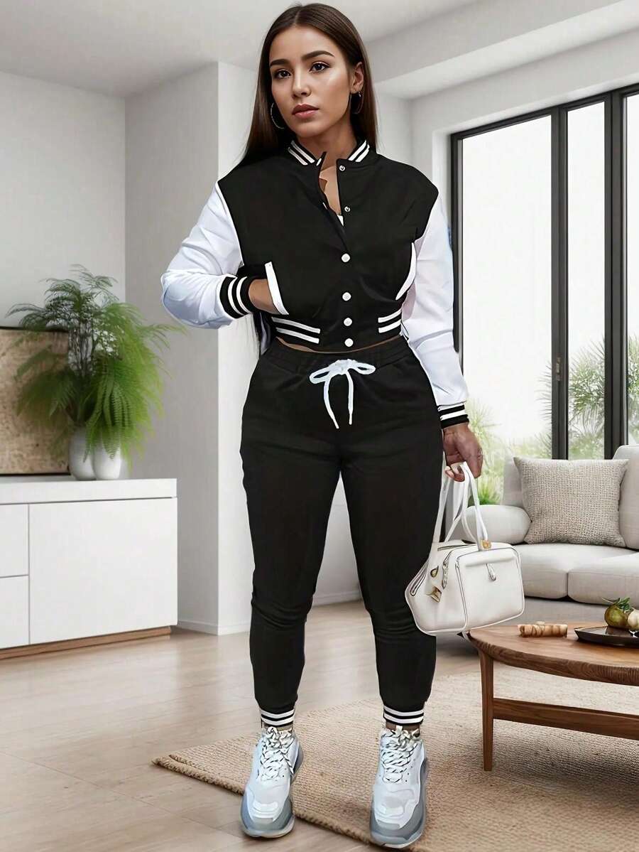 Bộ 2 áo khoác bóng chày nữ màu trơn cài cúc đơn, phong cách thường ngày mùa xuân. - trắng đen - Xem 1