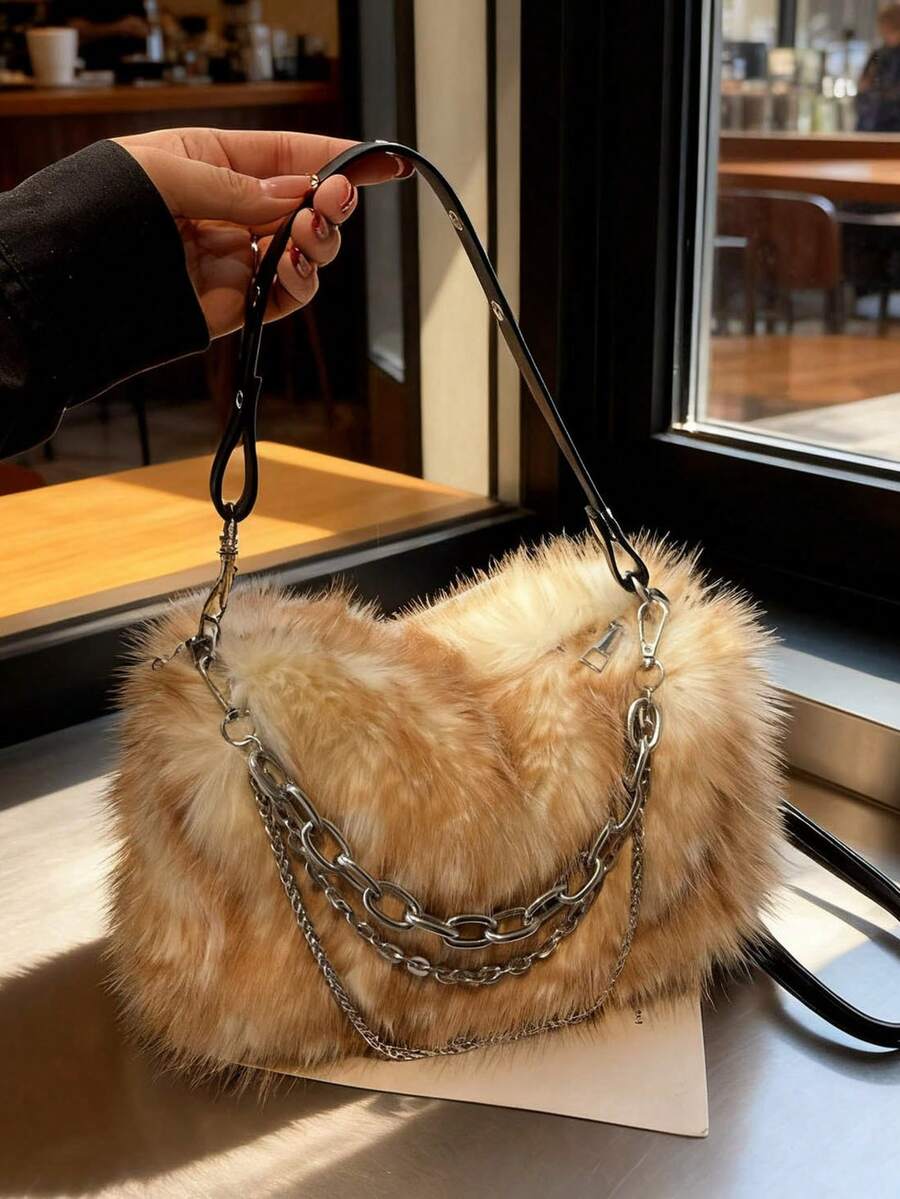 1件女士卡其色渐变鹿斑仿毛皮链条单肩/腋下包,秋冬季时尚单品 - 卡其色 - 查看 1
