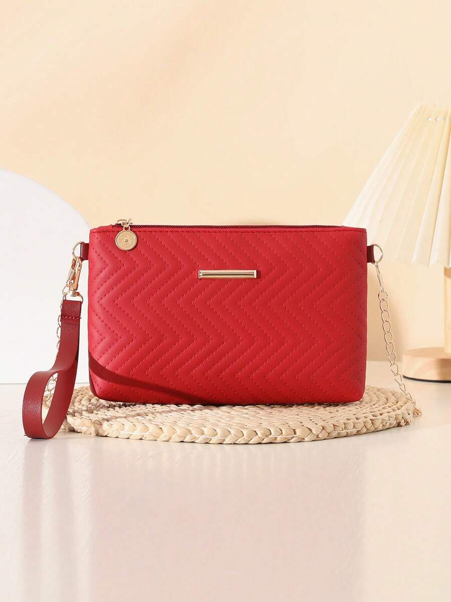 Bolso de hombro/bandolera minimalista de unicolor con patrón de ondas en relieve de PU, con monedero - Burdeos - Ver 1