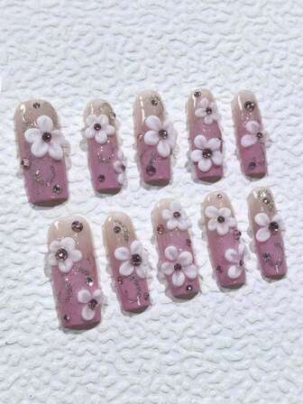 10pcs 3D Small White Flower Hot Girl Y2k Nail Square Long Gradient Pink Purple Nail Art Gentle Girl Handmade Wearing Nail Suitable For Girls' Daily Wear And Use, Press Nail Fake Nail Plate