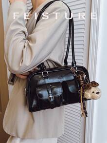 1 chiếc Túi đựng bowling nhiều ngăn bằng da PU trơn màu FEISTURE, Túi đeo vai/dưới cánh tay có mặt dây chuyền dành cho nữ, Thích hợp để mua sắm, hẹn hò, làm quà tặng cho phụ nữ, Thích hợp cho các bé gái tuổi teen, sinh viên đại học, người mới bắt đầu và nhân viên văn phòng, Thích hợp cho văn phòng, trường học, công việc, đi làm - màu đen - Xem 6