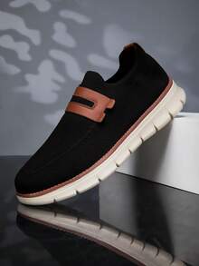 Men's Loafers Mesh Sneakers, Black Plus Size Lightweight Breathable Casual Shoes, Fashionable & Comfortable Slip-On Lace-Free Shoes - Black - View 2