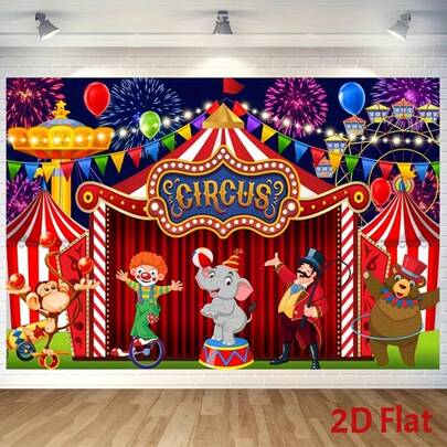 2D平面马戏团嘉年华背景，1件装 - 充满活力的2D平面派对装饰，包含小丑、大象、泰迪熊等元素 - 聚酯纤维圆盘拍照背景，适用于生日、主题活动和庆典、嘉年华主题派对 | 节日氛围 | 色彩缤纷的设计，嘉年华主题派对装饰，2D平面