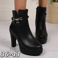 Women's Ultra High Heel Platform Ankle Boots, Autumn/Winter New Fashion Round Toe Rhinestone Bow Thin Heel Boots, Slimming Leather Boots - Black - View 4
