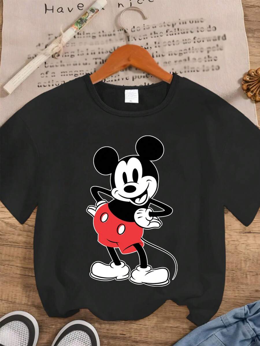 Disney Mickey Mouse Series Graphic Print Casual Fashion Short Sleeve T-Shirt, Slightly Stretchy, Opaque, Easy Care Fabric, Suitable For Everyday Wear - Black - View 1