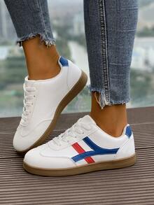 Zapatillas planas blancas de estilo casual con cordones, zapatos de piel, estilo escolar, de fácil puesta, zapatos casuales versátiles, elegante moda casual, adecuados para primavera/otoño, zapatillas para correr - Blanco - Ver 1