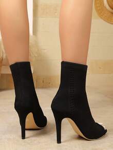 Fashionable Knitted Open Toe High Heel Boots. The Perfect Combination Of Elegance And Personalized. Stylish Open Toe High Heel Boots, Knitted Mesh Open Toe Boots, Slim High Heel Design, Knitted Open Toe High Heel Boots. - Black - View 8