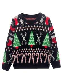 Plus Size Women's Pullover Sweater, European & American Fashion Christmas Element Design, Classic Christmas Tree & Candy Cane Pattern