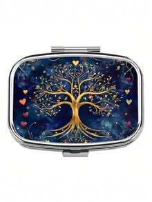 Caja redonda de píldoras con diseño vintage de árbol, floral, gato y colibrí - Organizador de píldoras de metal con 3 compartimentos y diseño de nota musical, conveniente para viajes, oficina o regalo, adecuado para bolso - Multicolor - Ver 14