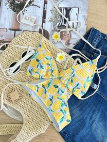 Bộ bikini nữ mới đơn giản, dễ thương, in hình chanh, kiểu xếp ly, buộc dây phía trước. - trắng - Xem 3