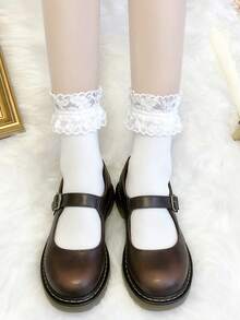 1双女士可爱图案蕾丝边日系洛丽塔中筒袜，适合日常上学、约会穿搭，甜美风格，适合拍照 - 彩色 - 查看 2