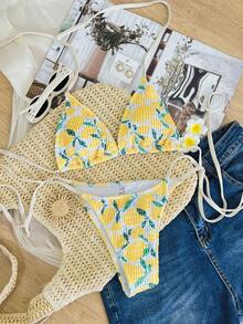 Bộ bikini nữ mới đơn giản, dễ thương, in hình chanh, kiểu xếp ly, buộc dây phía trước. - trắng - Xem 1