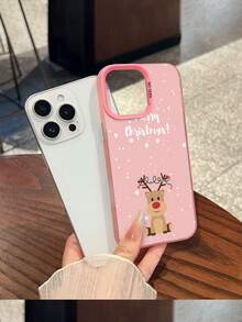 Funda para teléfono con diseño navideño de renos, compatible con teléfonos ,  17,  16 Pro Max,  15 Pro Max,  13 y  12. Fabricada en TPU con un proceso de electrochapado de alta calidad que ofrece protección contra golpes y caídas. Un regalo ideal para familiares, amigos, seres queridos, parejas y para Navidad. - Rosa - Ver 1