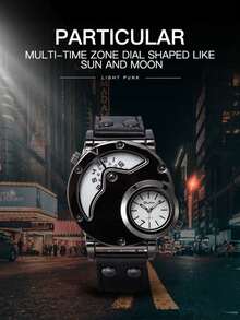 1pc Men's Watch Fashion Brand Luxury Men's Watch Dual Time Zone Quartz Watch Casual Men's Leather Watch Sports Men's Clock Hip-Hop Style Band Watch - Black and White - View 3