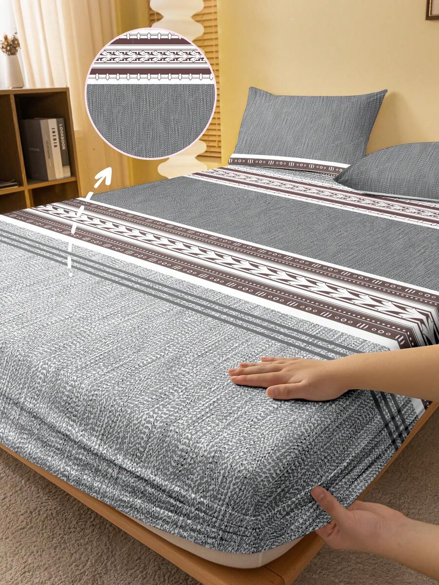 1件简约现代几何灰色和咖啡色拼接图案印花磨毛床笠，卧室印花床罩，床上用品（不含枕套） - 彩色 - 查看 1